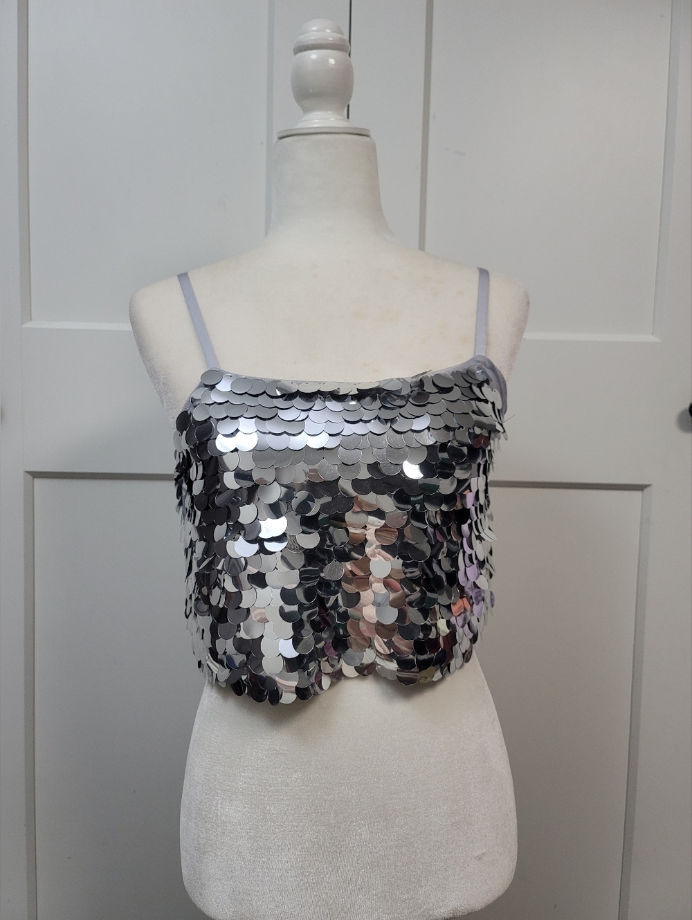 NWT Wild Fable Silver Paillette Sequin Crop Top - Jumbo Disco Mirror Tank XS
